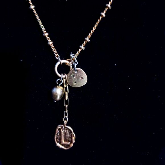 Vintage Gold-Toned Three-Layered Chain Necklace w/ 'L' Pendant, 20" - Picture 2 of 3